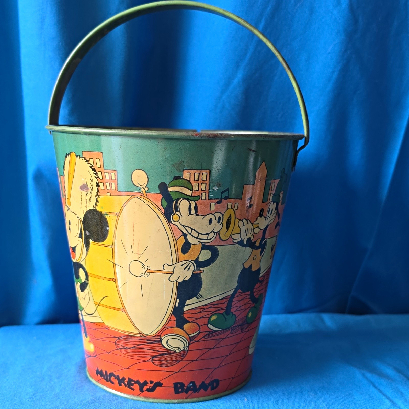 1930\'s Walt Disney Enterprises Mickey’s Band Tin Pail Bucket w/ Mickey & Minnie
