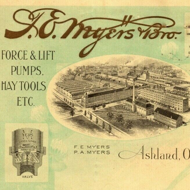 Vintage 1914 Ashland, OH Letterhead FE Myers Bros. Force & Lift Pumps Hay Tools