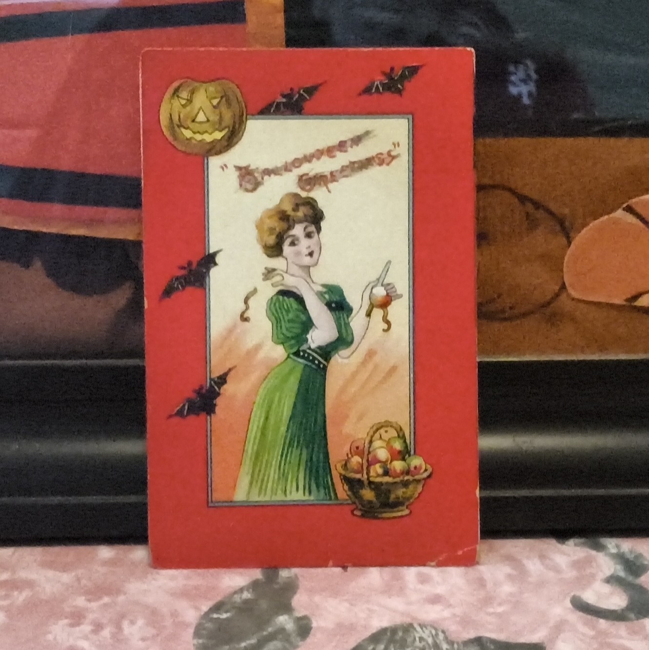 Antique 1909 Halloween Postcard - Pretty Woman Peeling Apples - Bats, Pumpkin