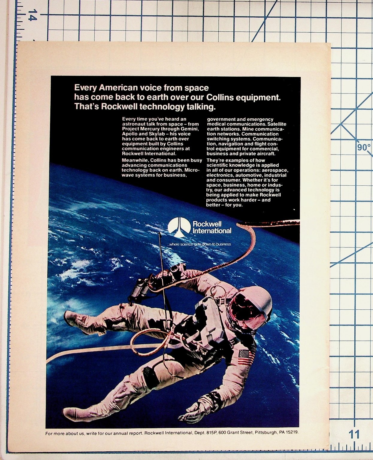 Vintage Rockwell International Space Ad Astronaut Apollo Skylab Communication