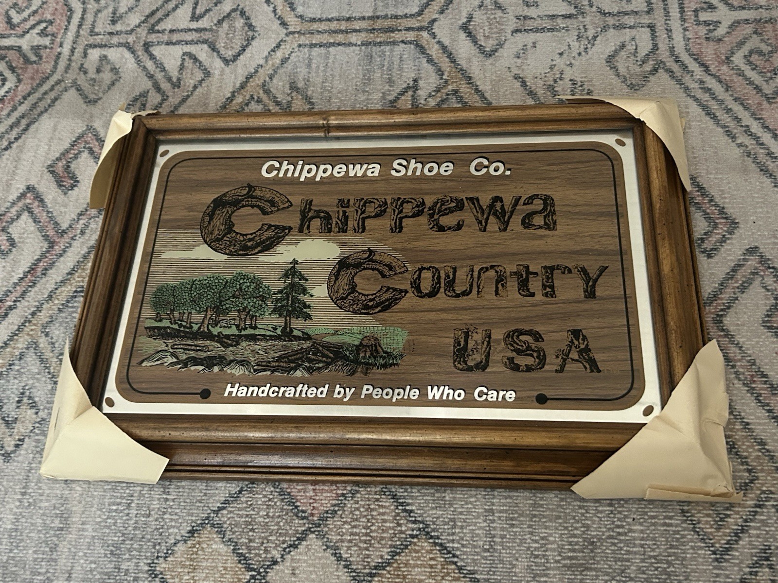 Vintage Chippewa Shoe Co. Reverse Painted Mirror Sign Chippewa Country USA 