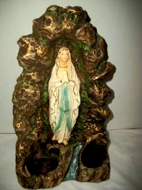 ANTIQUE FRENCH VIRGIN MARY GROTTO SHRINE OUR LADY OF LOURDES PLASTER ALTAR FONT