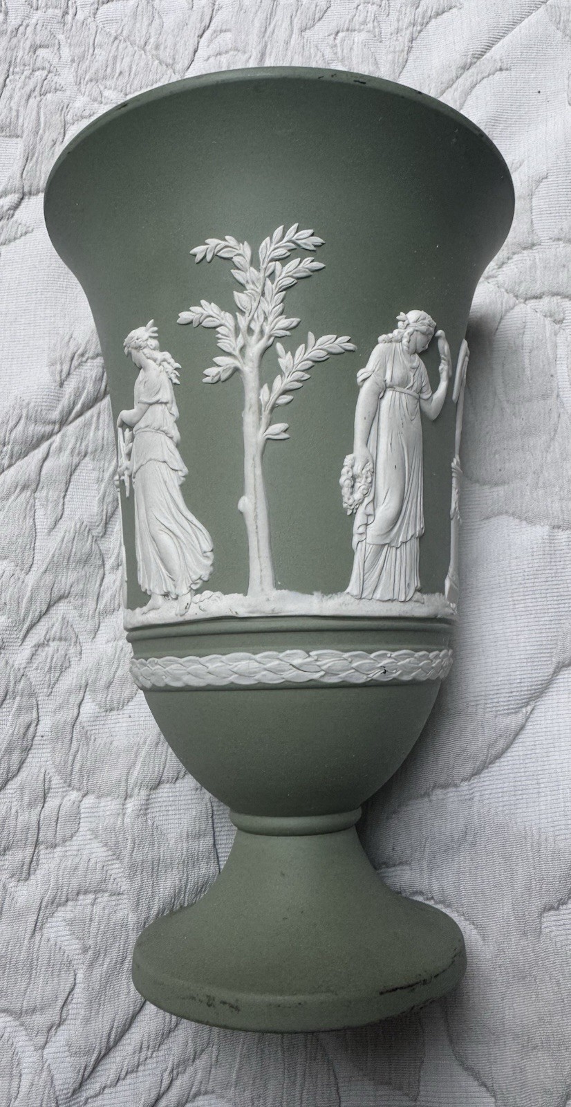 Wedgwood Sage Green Jasperware Pedestal Vase Made In England 7.5