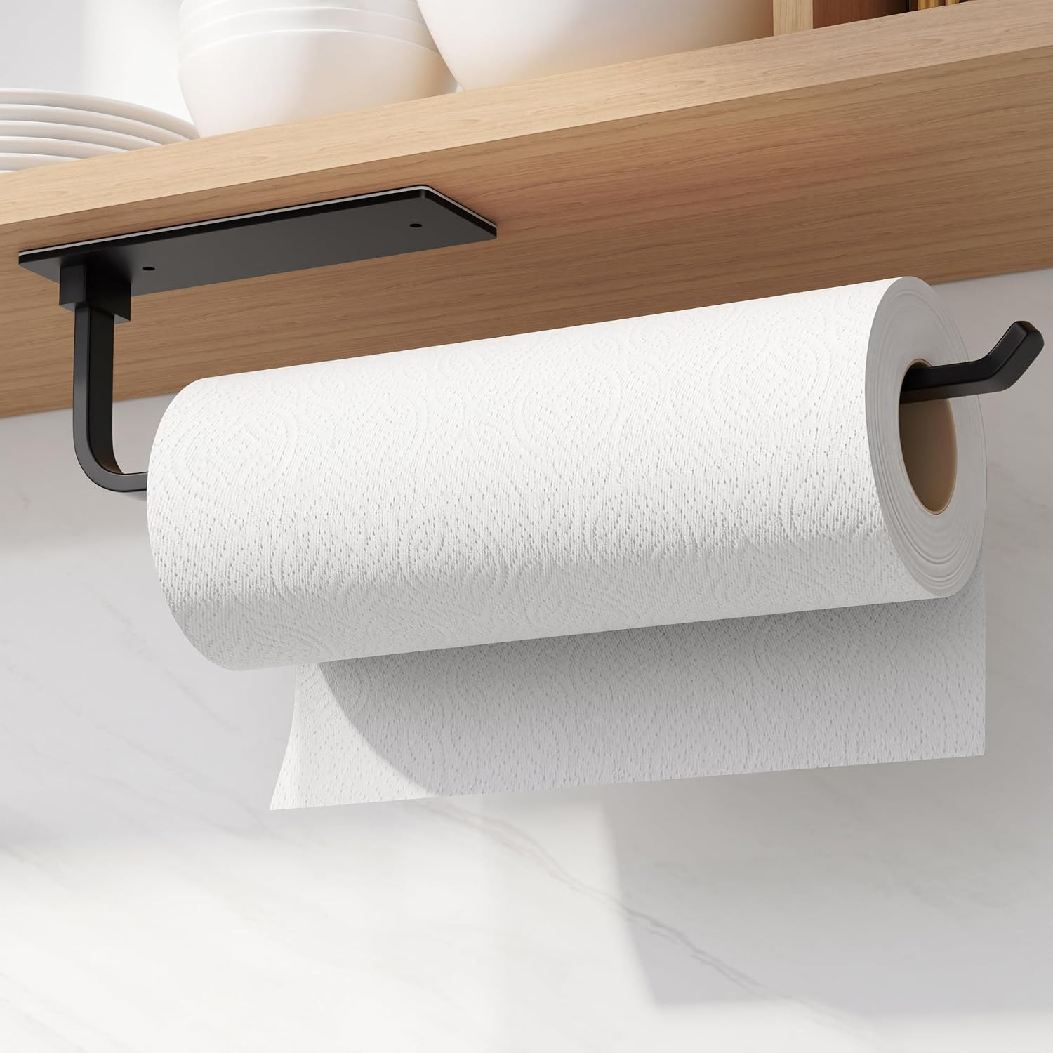 Paper Towel Holder - Self-Adhesive or Drilling, Matte Black, Upgraded Aluminum K