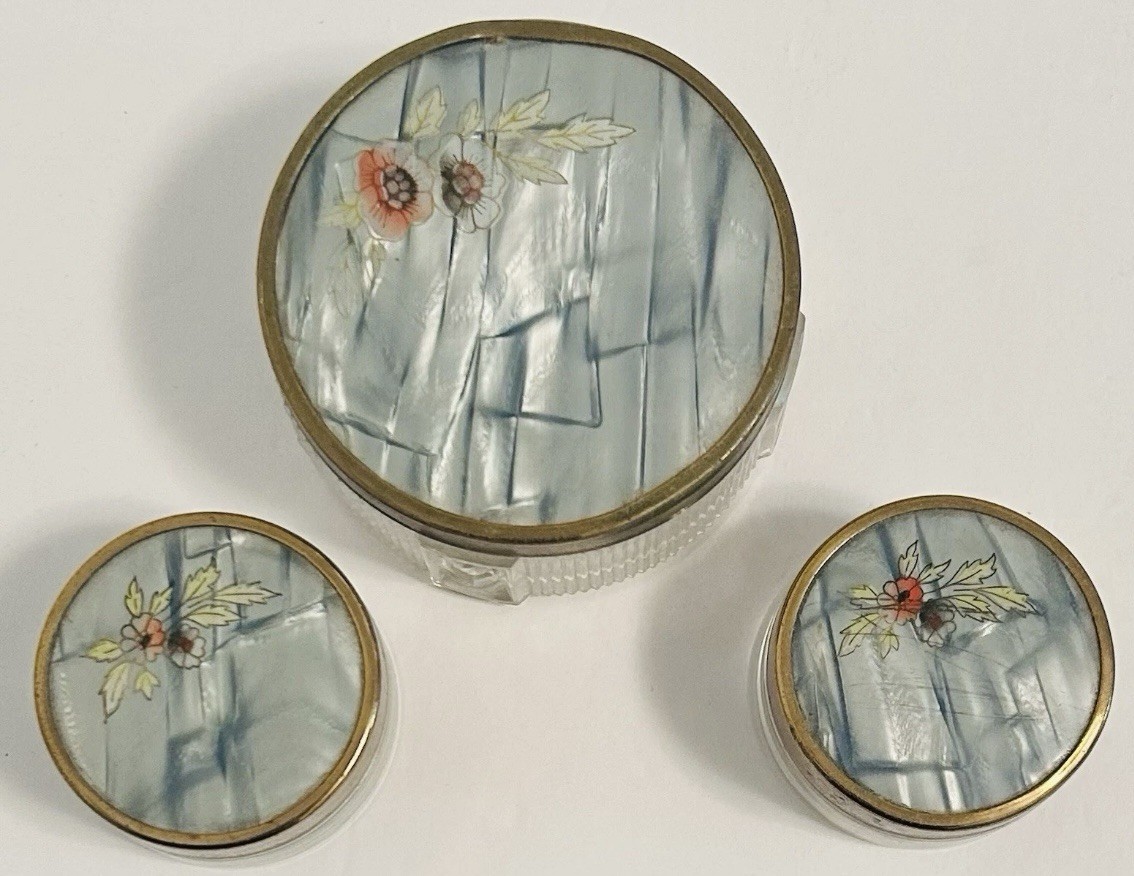Set Of 3 1920’s Cut Glass Dresser Vanity Jars Sage Green Flowered Lucite Lids