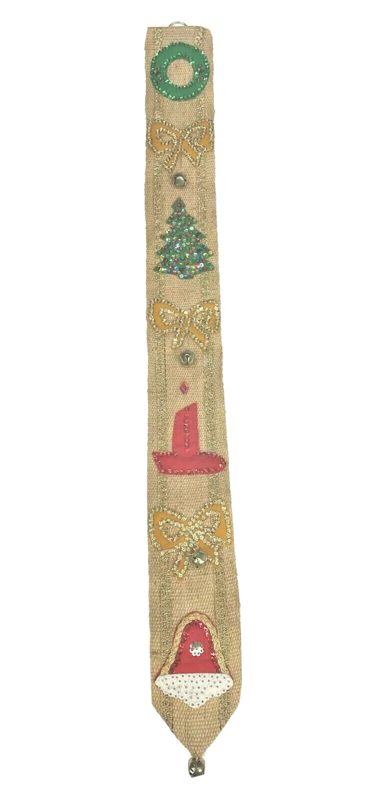 Boho Christmas Holiday Jute Bell Pull Vtg Retro Door Wall Hang Sign 34” x 3.5”