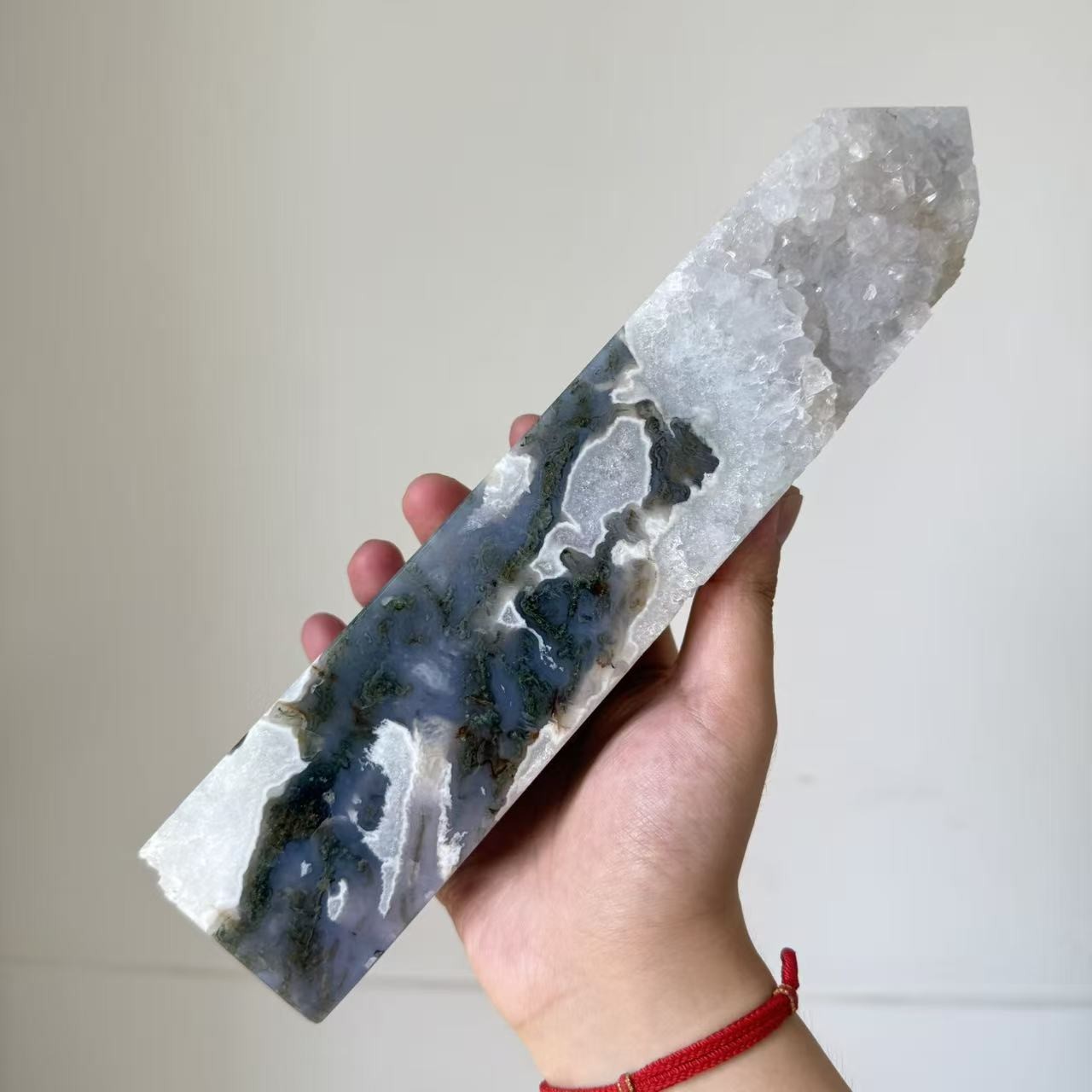4LB Large Natural Druzy Moss Agate Obelisk Crystal Tower Point Healing Decor
