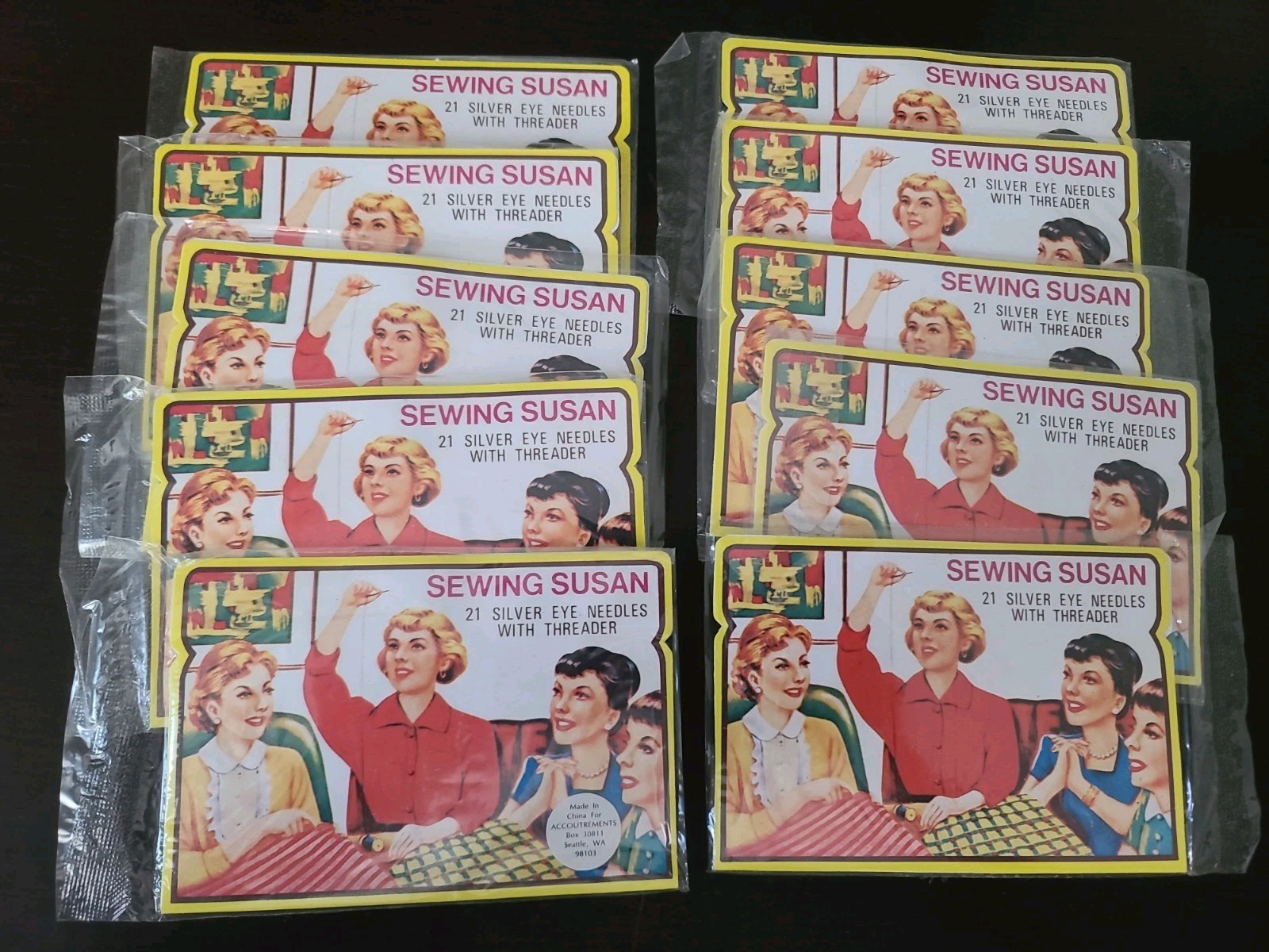 10 Vintage Sewing Susan 21 Silver Eye Needles  w/Threader - Accoutrements NOS