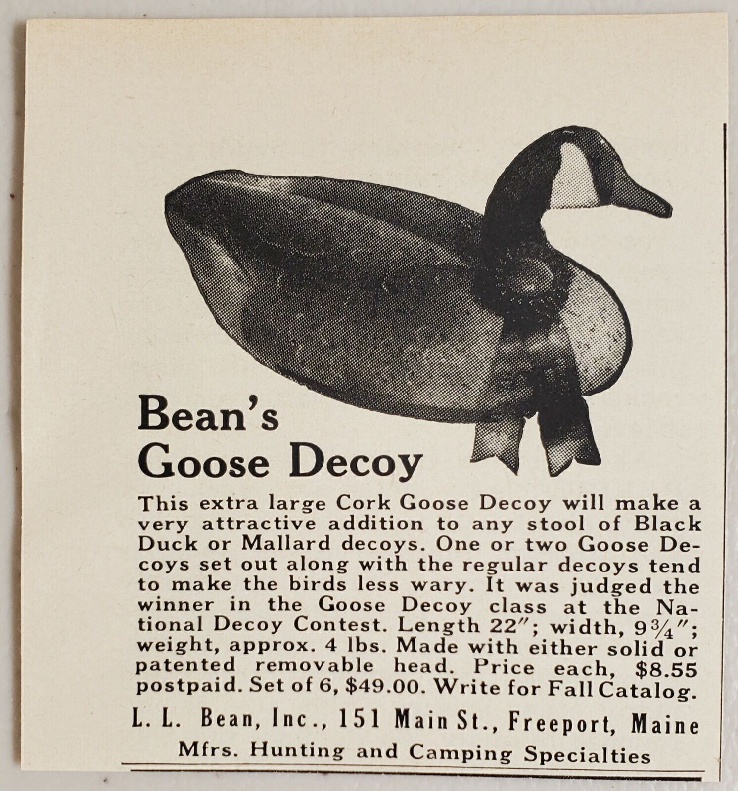 1954 Print Ad Bean\'s Cork Goose Decoys Freeport,Maine