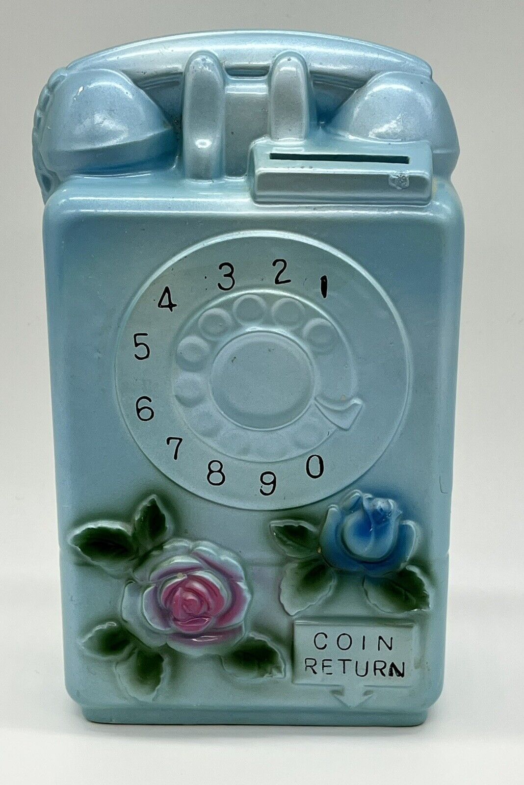Vintage Coin Bank Ceramic Blue Rotary Dial Pay Phone Wall Telephone Japan 8\