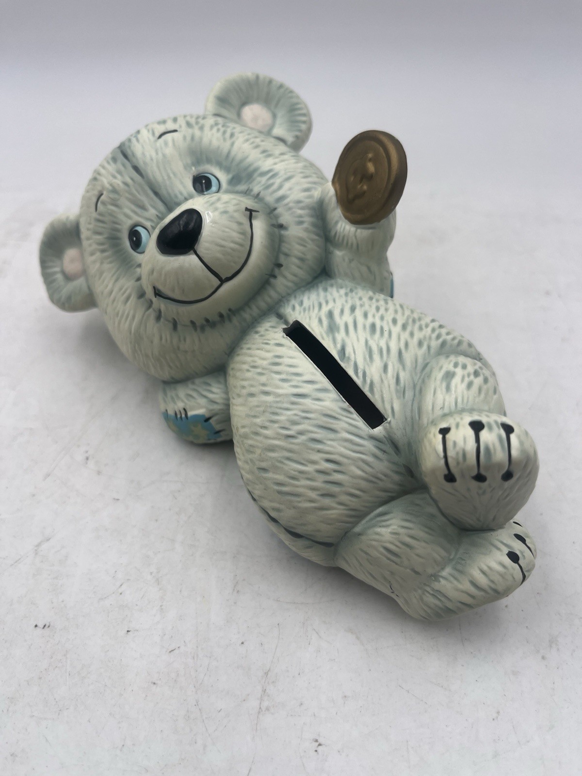 Vintage 1984 Ceramic Enesco Bear Bank Holding Gold Coin Blue & White