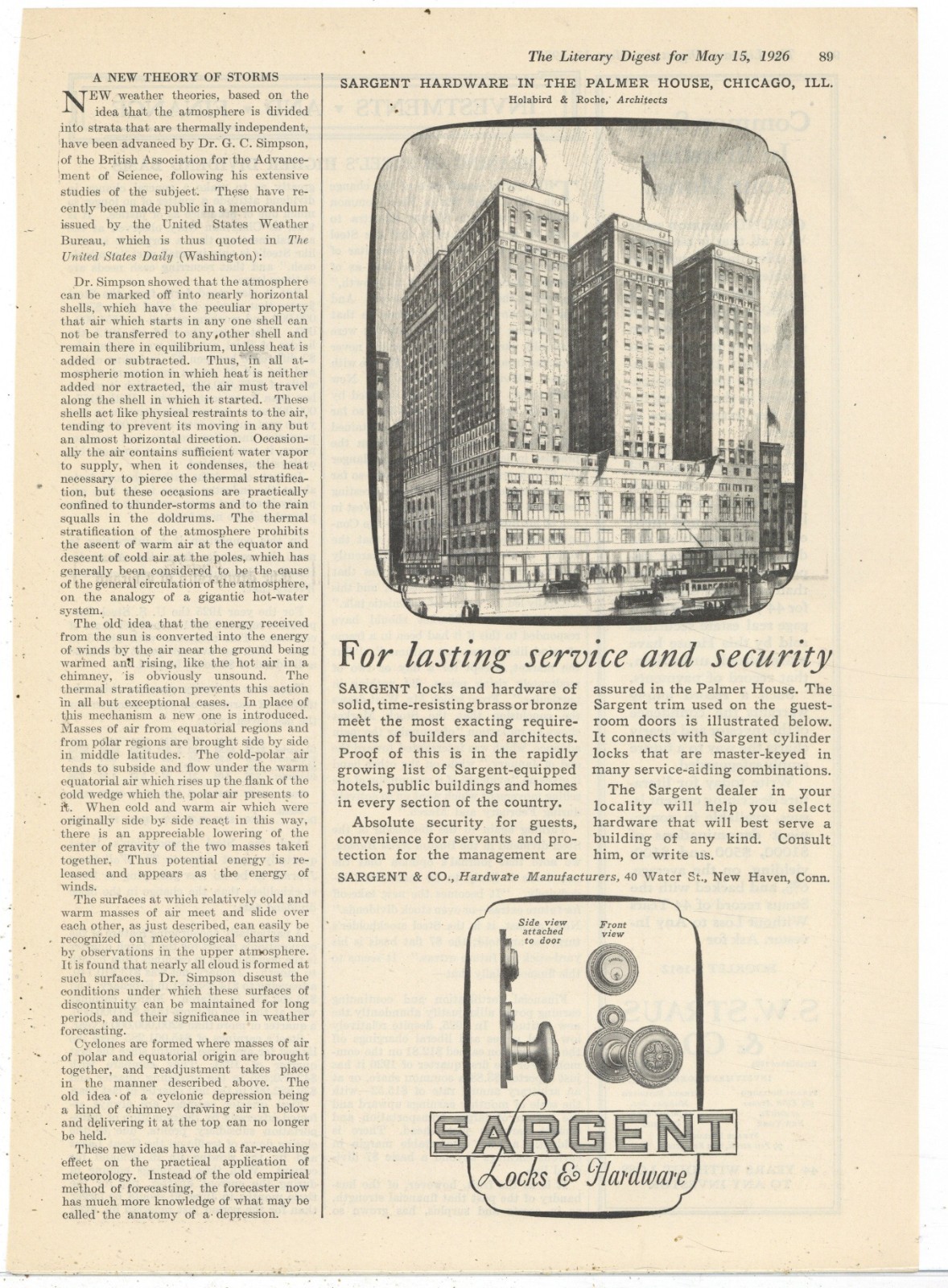 1926 Sargent Locks & Hardware Ad: Palmer House Hotel Artist's Rendering Chicago