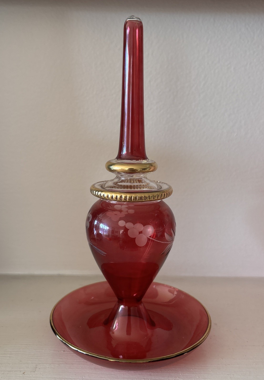 Cranberry Glass Ring Holder Etched Flower Gold Details 