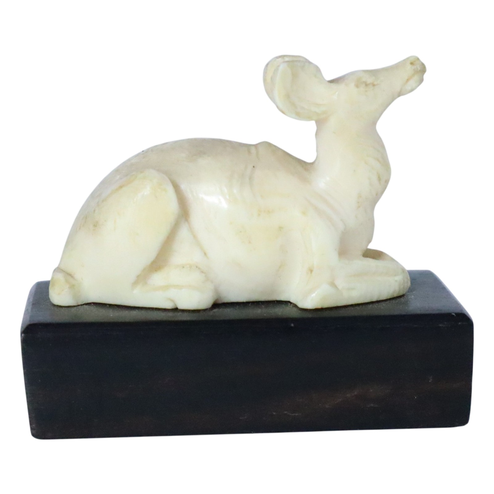 Antique Carved Mineral Deer Fawn Figurine Wood Base Miniature 19th Century Antique Carved Mineral Deer Fawn Figurine Wood Base Miniature 19th Century