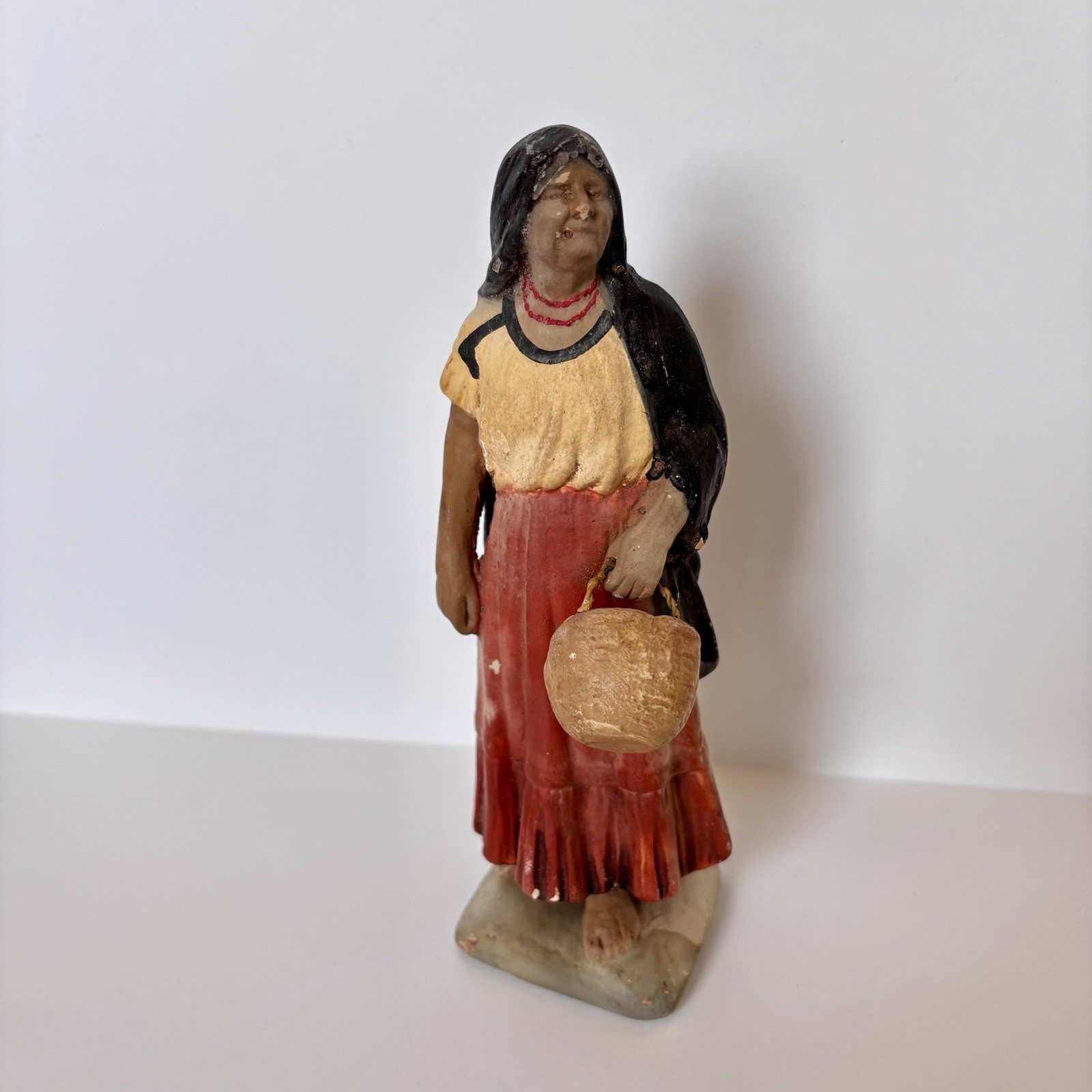 Vintage Serafin Marsal Terra Cotta Figurine Woman Basket Folk Art Paraguay