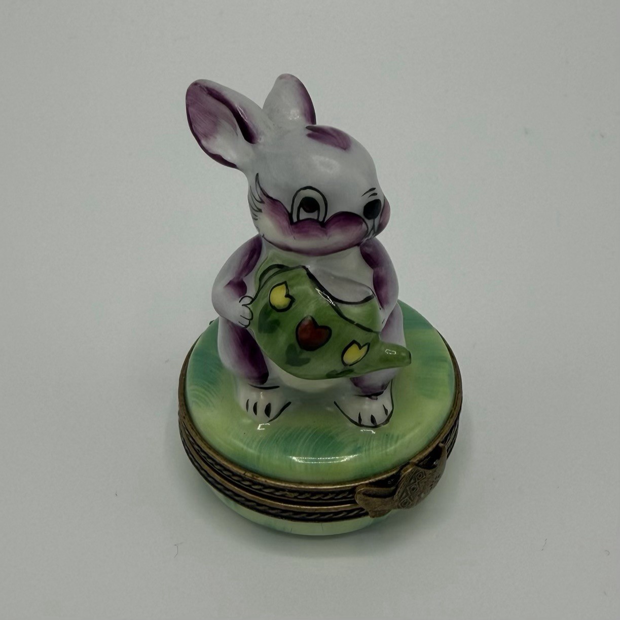 Limoges France Peint Main Porcelain Trinket Box Purple Rabbit With Watering Can Limoges France Peint Main Porcelain Trinket Box Purple Rabbit With Watering Can