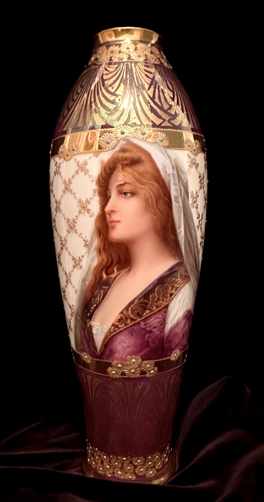 Rare Antiq. Dresden Portrait Vase SGN Kiesel Hand Painted Jeweled Venetian Woman