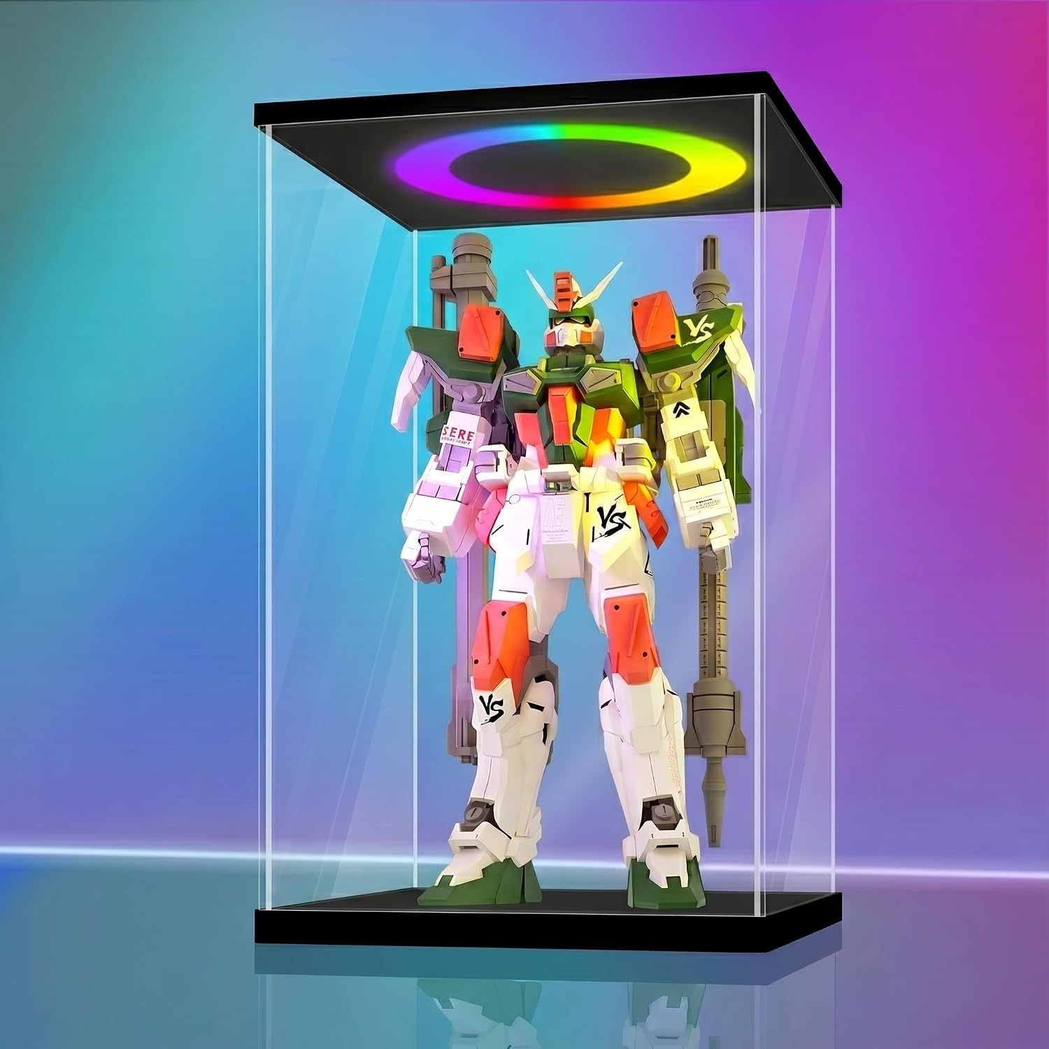 Acrylic Display Case 13.8X9.8X21.2 In, 10Mm Base, RGB Ring Light, 3Mm Clear Pane