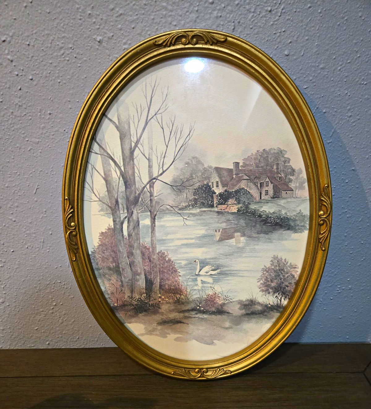 Vintage Oval Gold Framed Swan Lake Cottage Landscape Wall Art Romantic Decor
