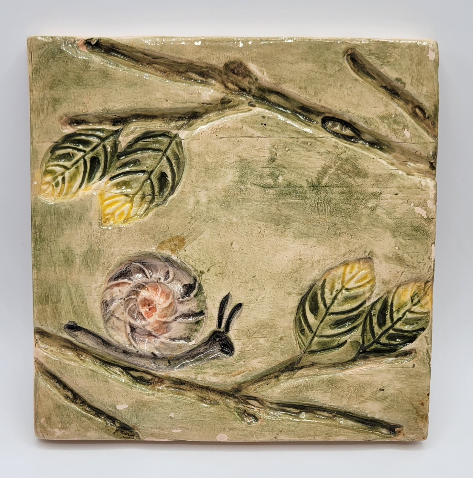 Vintage Decorative Square Ceramic 3D Wall Art Tile Snail Hand Painted Pottery