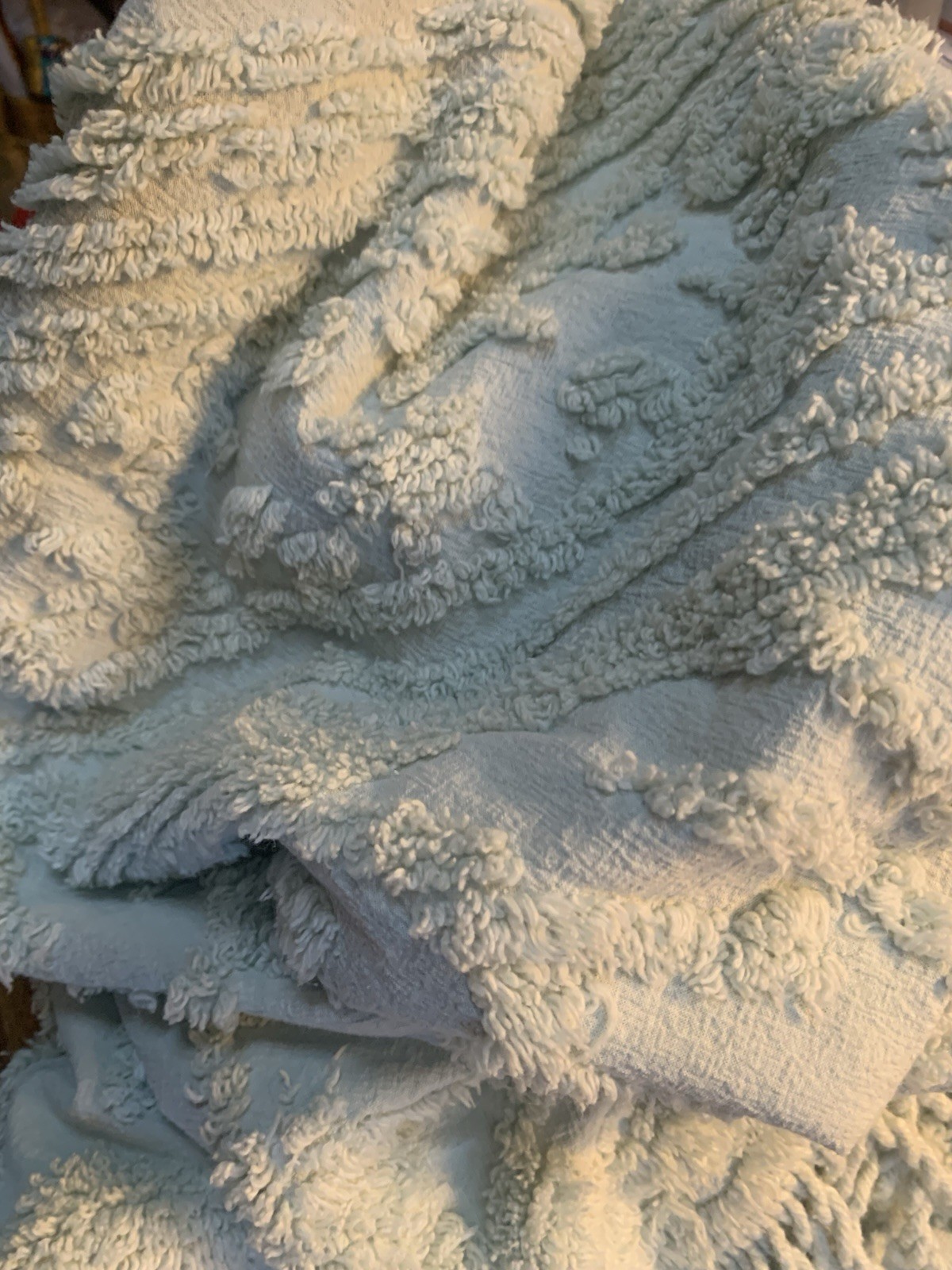 Vintage Fluffy Sage Green Chenille Bedspread FABRIC PIECE -  20 X 30”