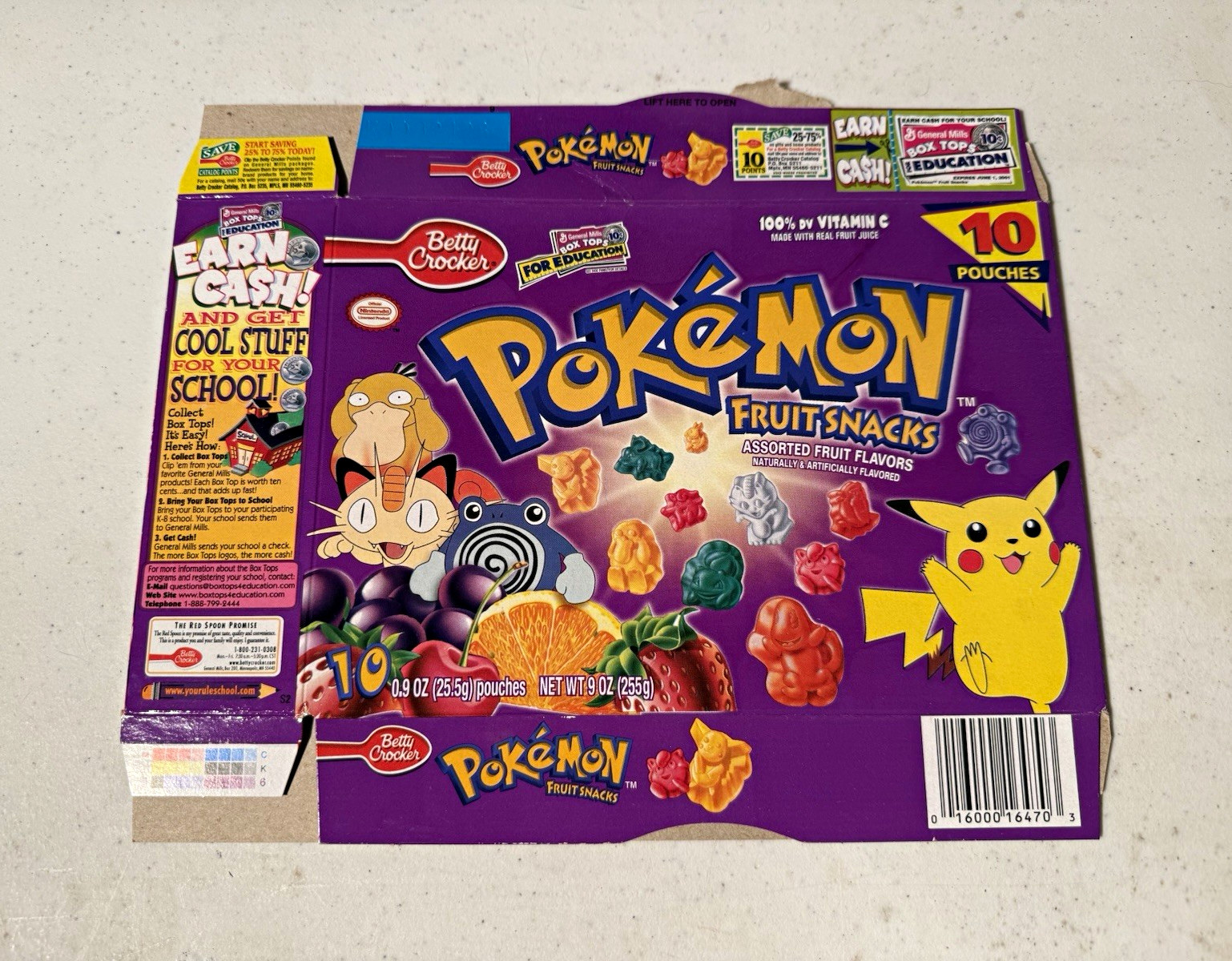 Betty Crocker Pokémon Fruit Snacks Empty Box Flat 10 Pouches Purple 2000
