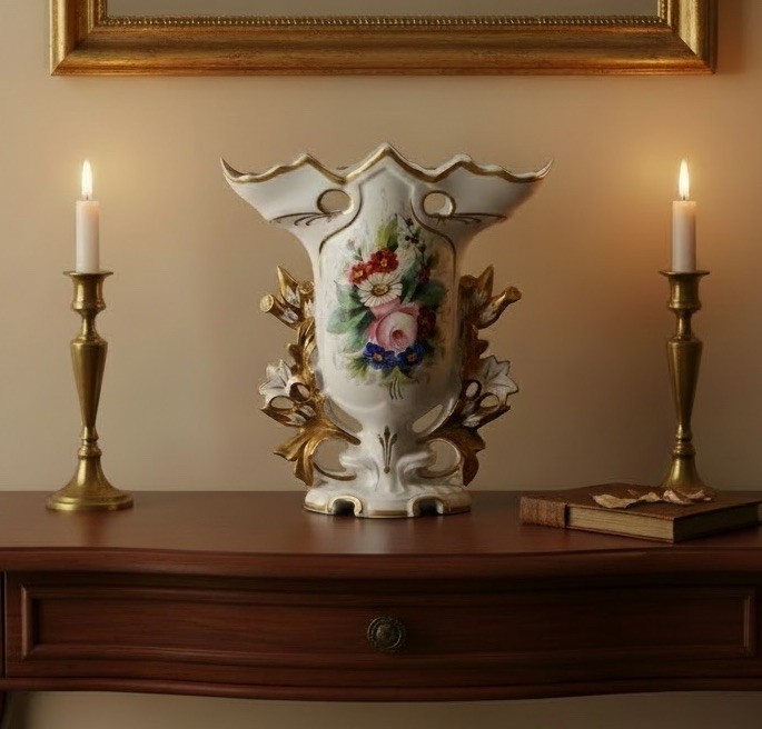 Vintage Vista Alegre Portugal Porcelain Floral Vase Gold Gilt Rococo 1924-1947
