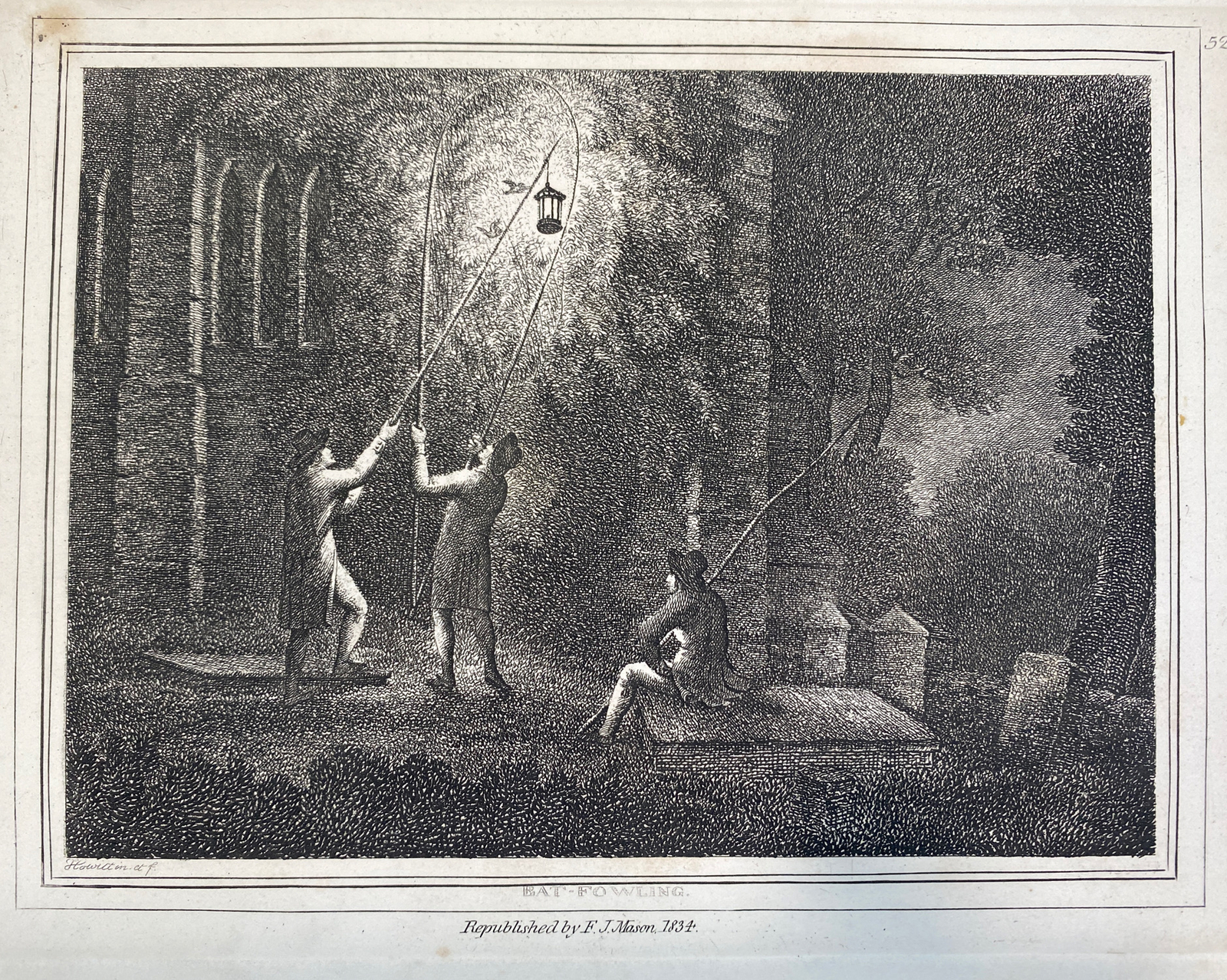 1834 Bat Fowling -Antique Engraving by English artist Samuel Howitt (1756-1822)