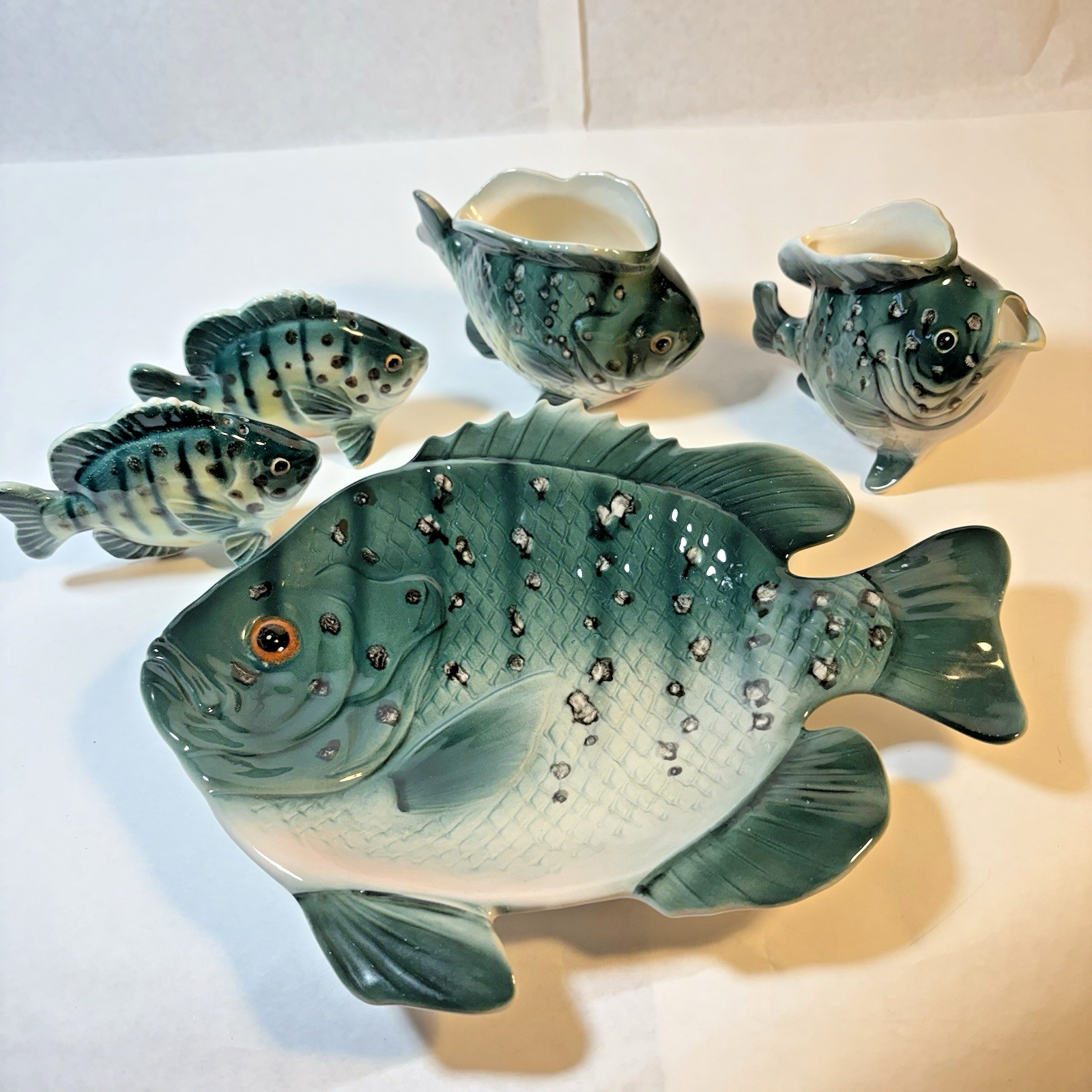 Vtg Lefton Fish 5 Piece Set Plate Sugar Bowl Creamer Salt Pepper MCM Bluegill