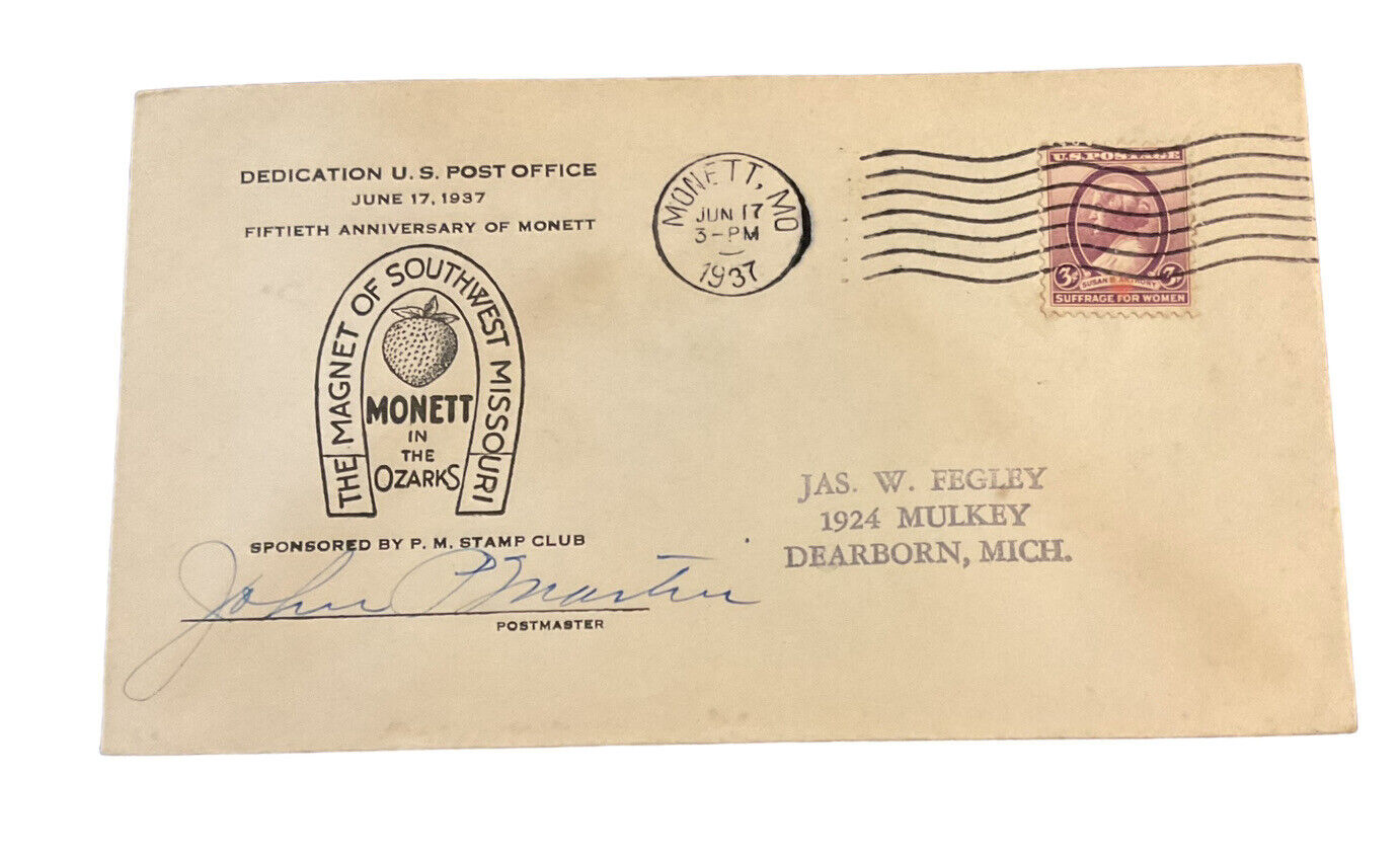 Monett MO Ozarks 1937 US Post Office Dedication 50th Anniversary Envelope ZF