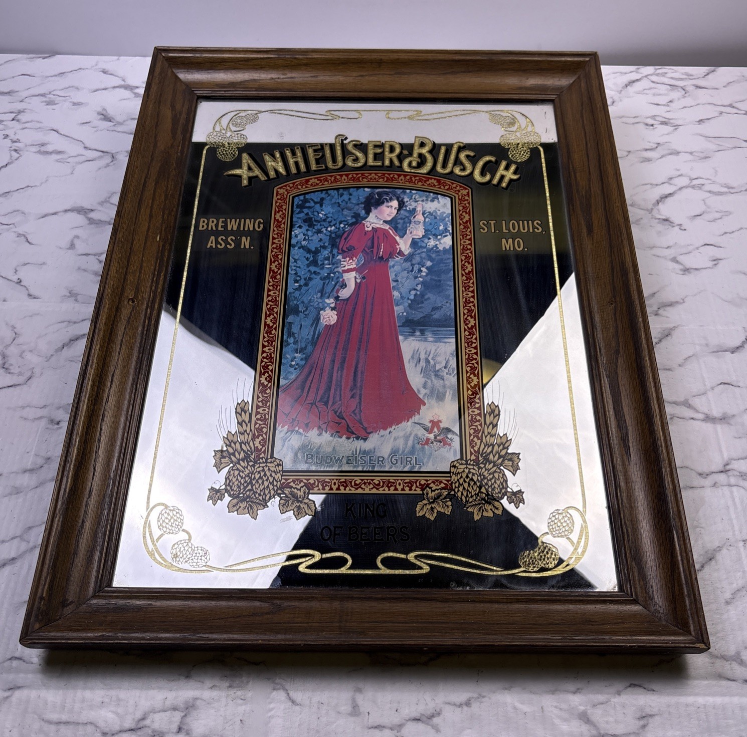 VTG 1992 Anheuser-Busch Budweiser Girl In Red Dress Wood Frame Mirror 19x25 RARE
