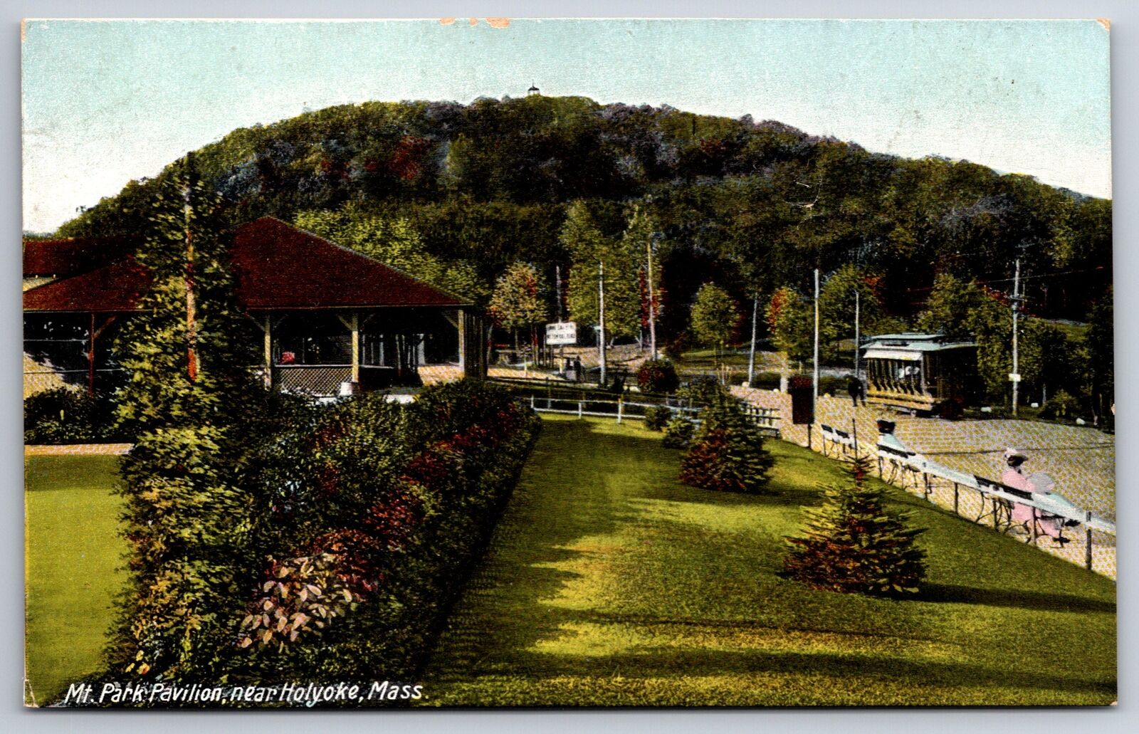 Holyoke Massachusetts~Mt Park Pavilion~Folks on Benches~c1910 Postcard
