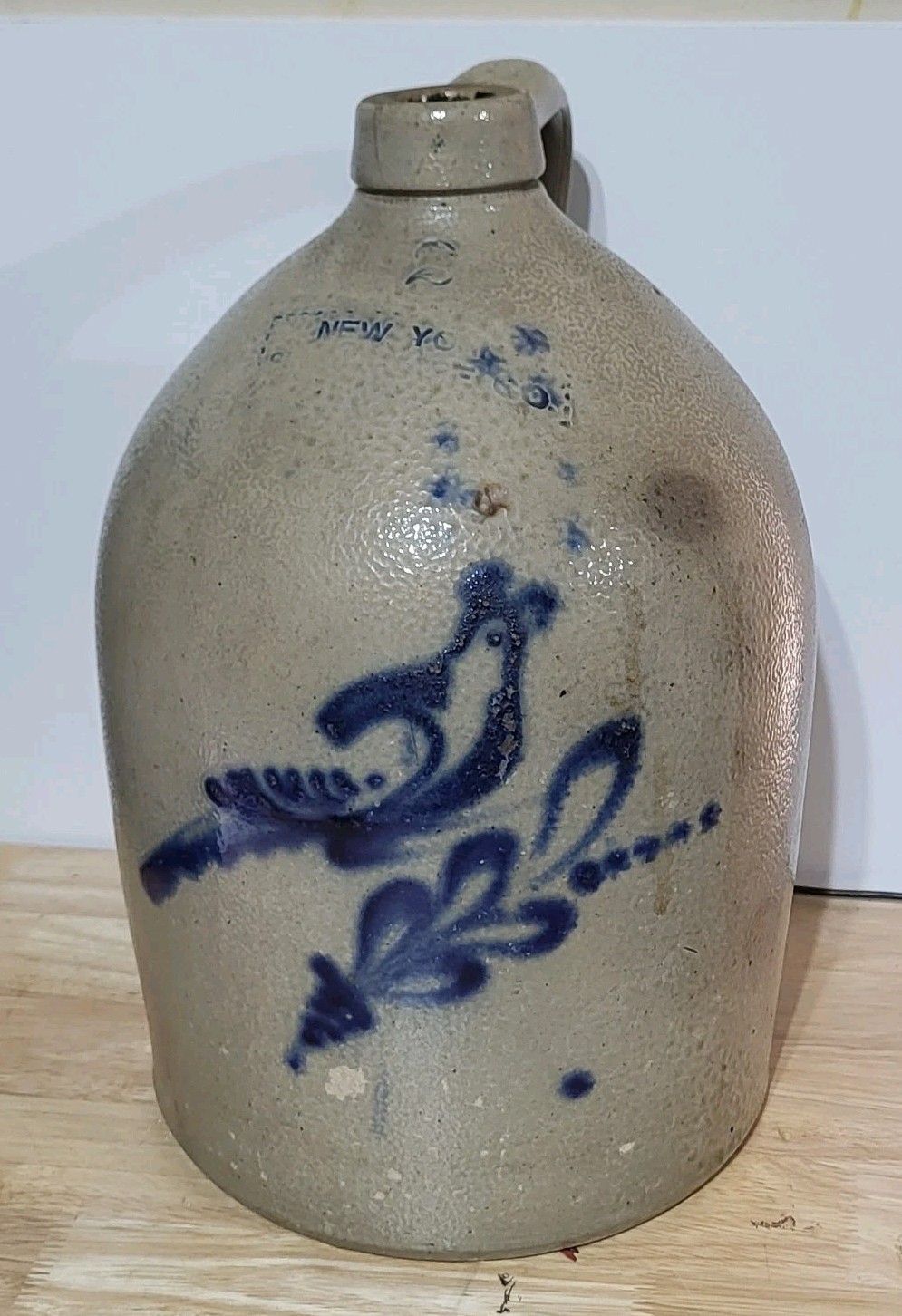 Antique 2 Gal Salt Glaze Stoneware Jug Cobalt Blue Bird New York 19th Century