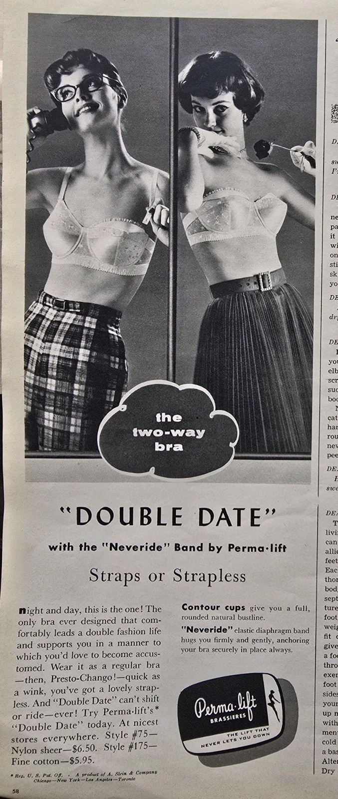 1958 Women's Perma-lift Double Date two way Bra Brassiere  vintage Fashion Ad
