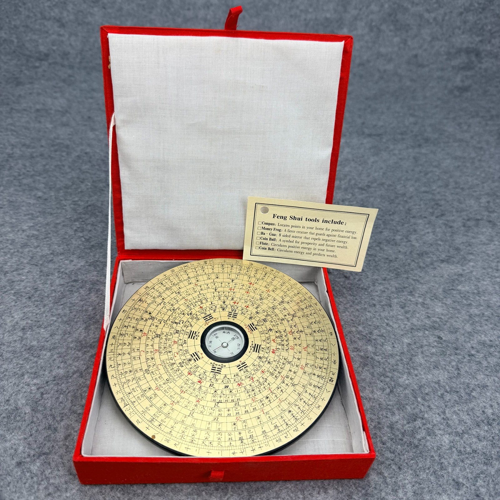 Vintage Chinese Feng Shui Lo Pan Compass Yin Yang Brass Disk Red Case