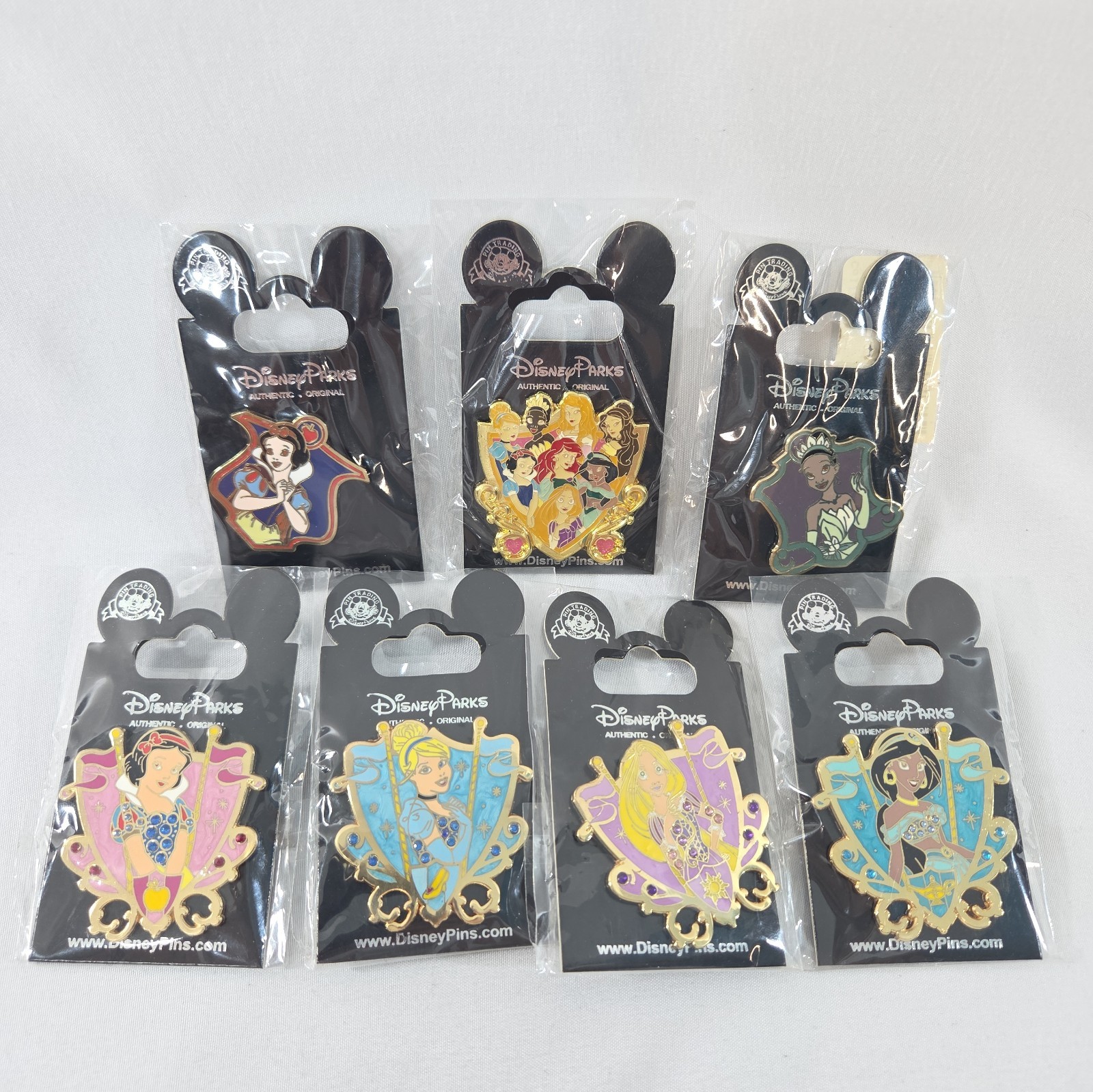 🛡 2016 Disney Princess 7 Pin Lot CREST Cindy Rapunzel Jasmine Snow Tiana Shield