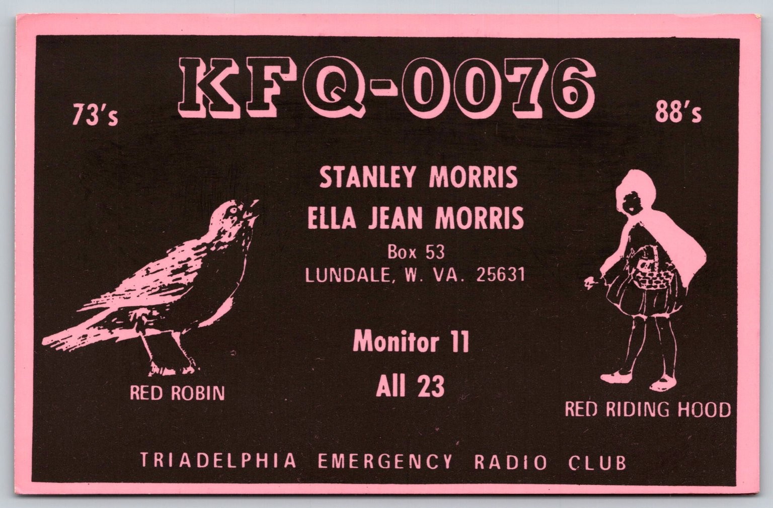 1974 Lundale WV KFQ-0076 CB Radio QSL Card Triadelphia Emergency Club B57