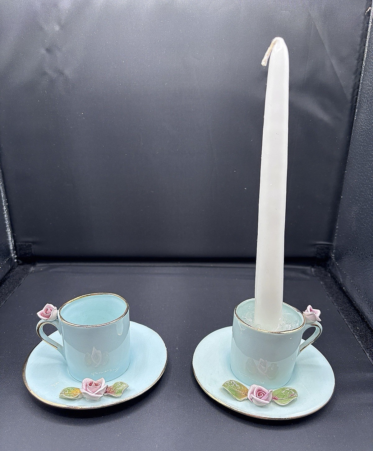 Vtg Wildwood Pasadena CA Ceramic Tea Cup / Saucer Candle Holders Set 2 MCM