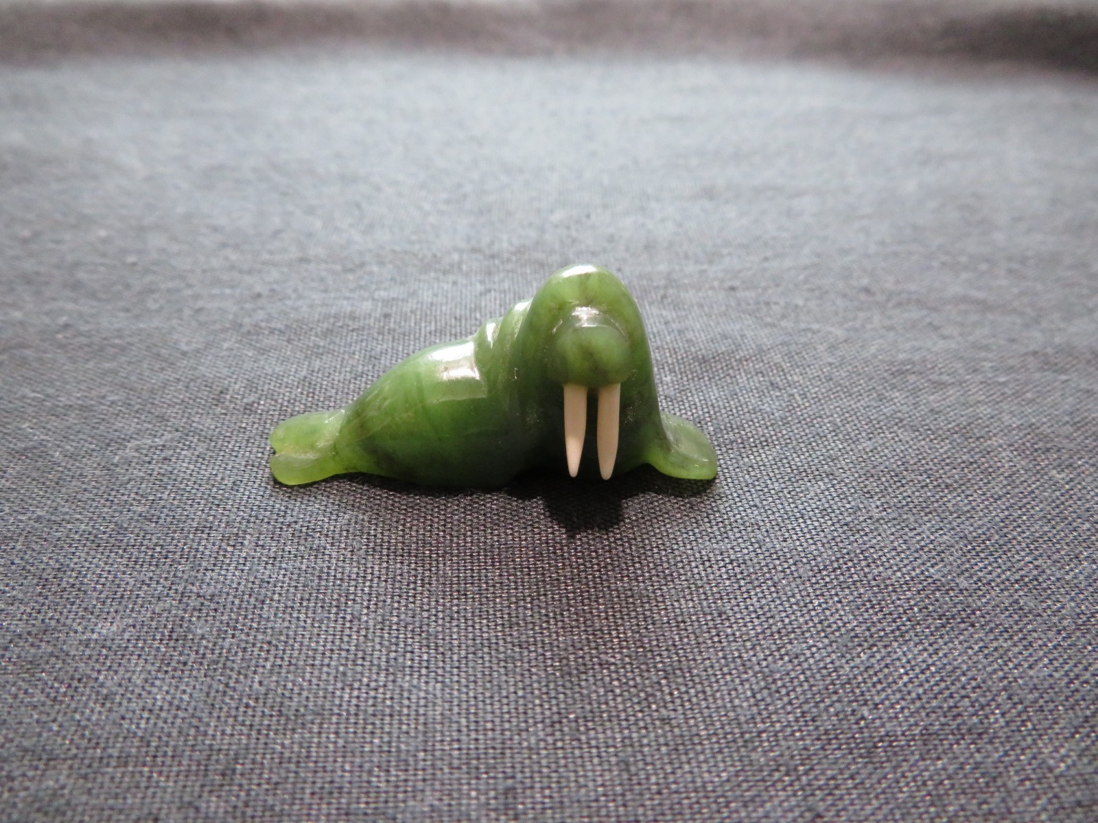 Hand-Carved Canadian-Made Nephrite (Jade) Walrus Figurine With Cow Bone Tusks