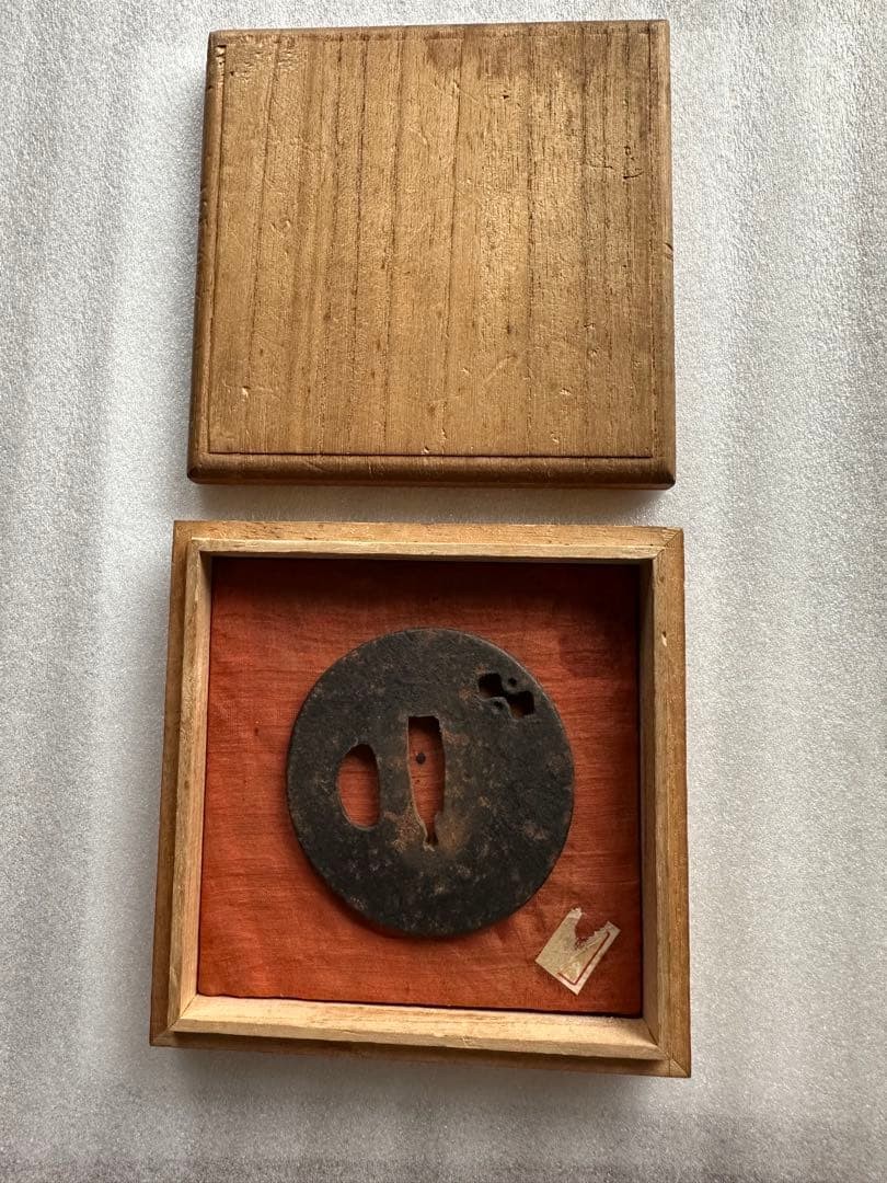 Japanese Satsuma Iron Tsuba Plain Oval Antique Sword Fitting With Wood Box