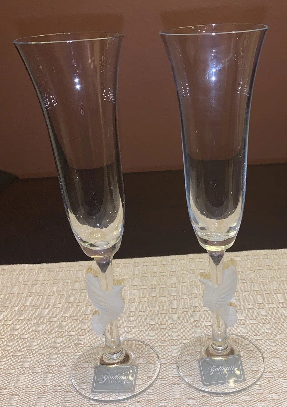 Gorham Amore Collection Dove Toasting Flutes~Set of 2 Crystal Flutes