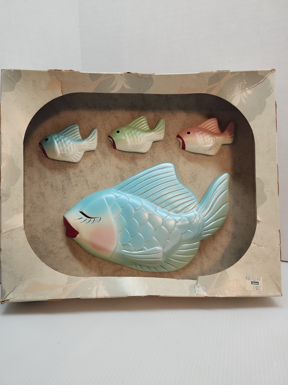 Vintage Miller Studio MCM Chalkware Fish Family Wall Plaques Mom & 3 Baby Fish