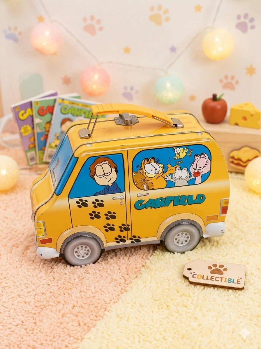 Vintage 1999 Garfield Van Bus Shaped Metal Tin Lunch Box Nostalgic Collectible