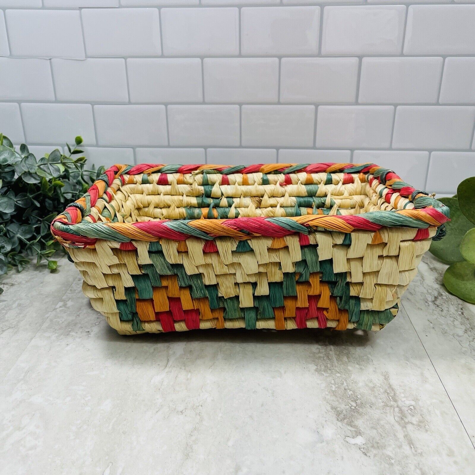 Aztec Palm Leaf Rectangular Bread Basket Geometric Multicolor 11x8”