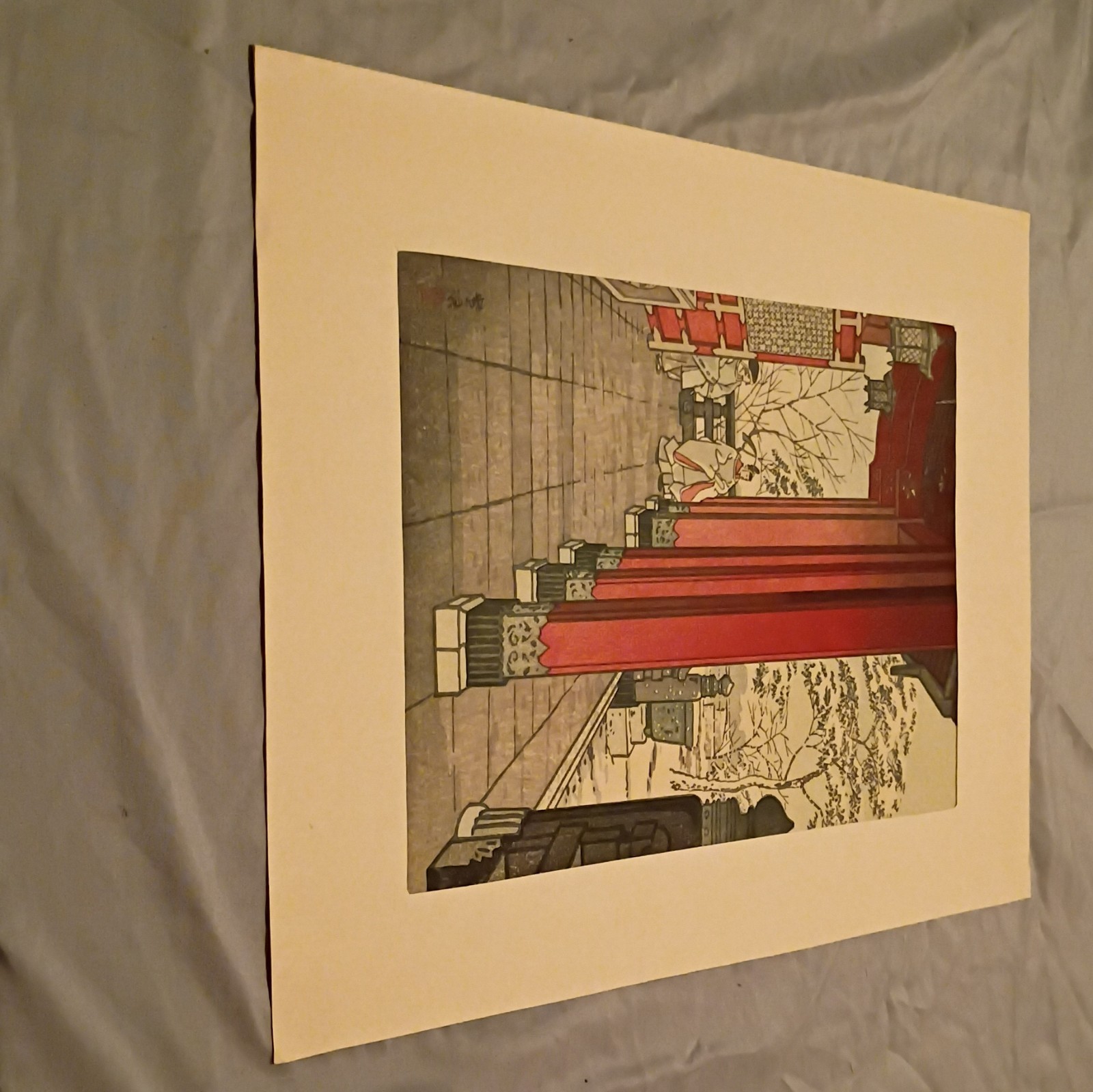 Japanese Print Artwork on Paper w/ Figures on Veranda, Red Railings, Text 