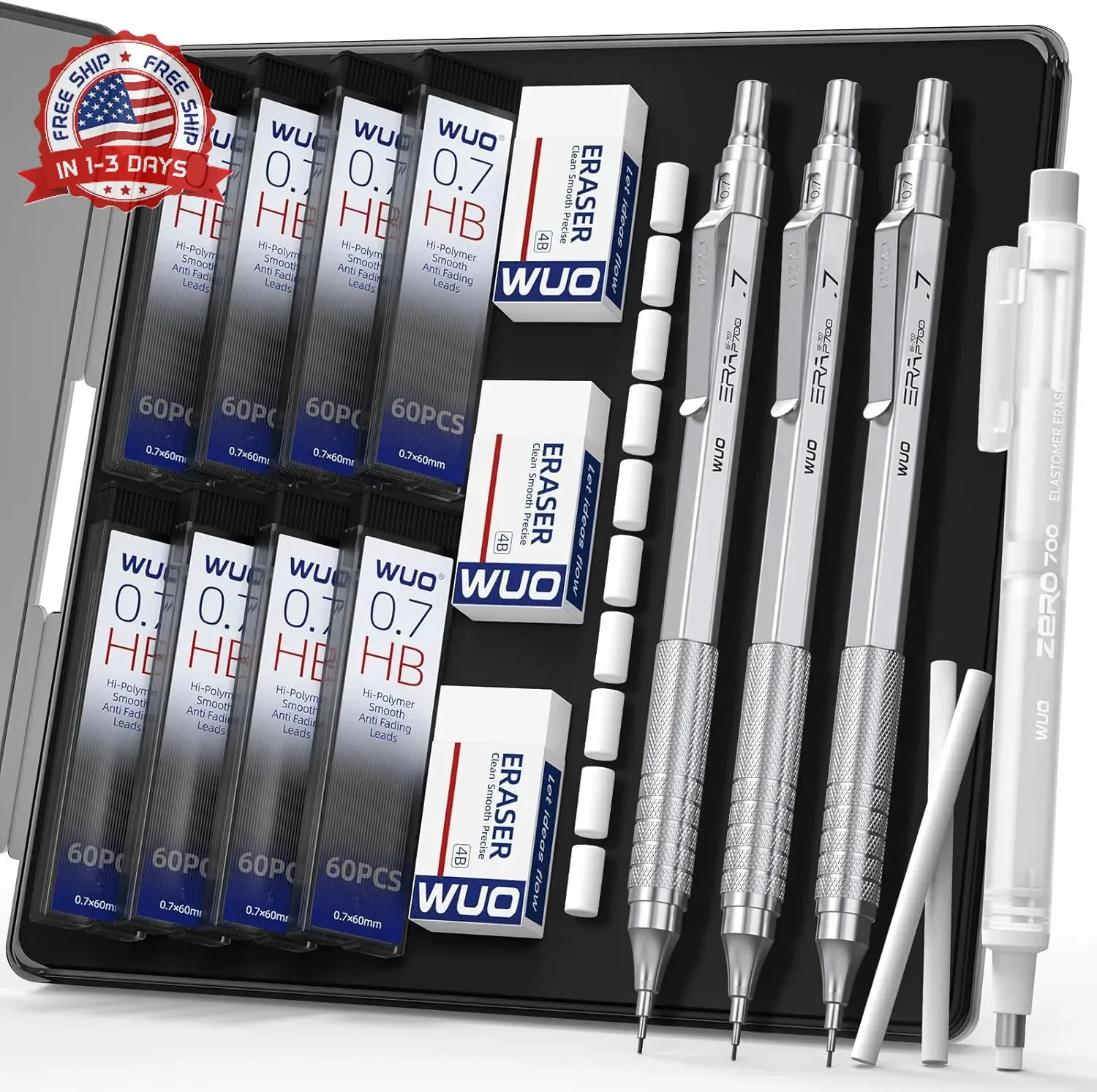 0.7mm Mechanical Pencil Set,3PCS Metal Pencils with 8 Tubes (480PCS) HB Lead