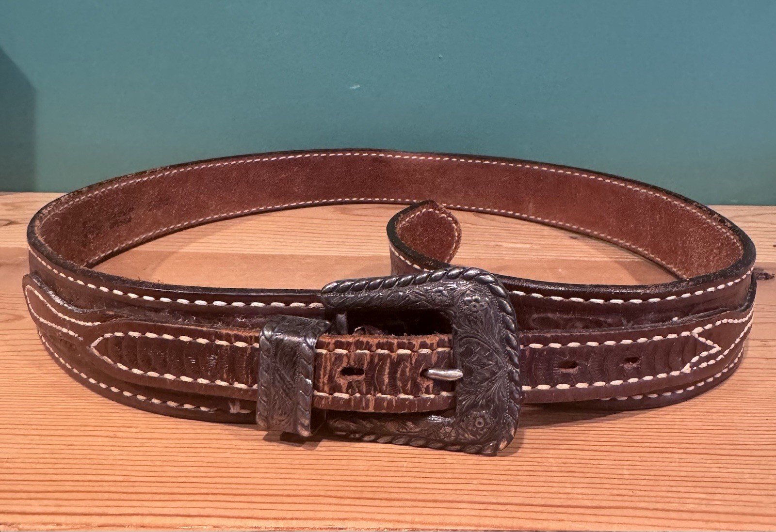 Vintage KEYSTON BROS Sterling Silver & Brown Tooled Leather Belt Size 34 Vintage KEYSTON BROS Sterling Silver & Brown Tooled Leather Belt Size 34