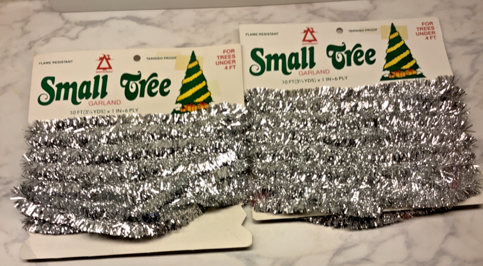 VTG Small Tree National Tinsel Christmas Garland 2 cards Silver 20ft NOS 6 ply