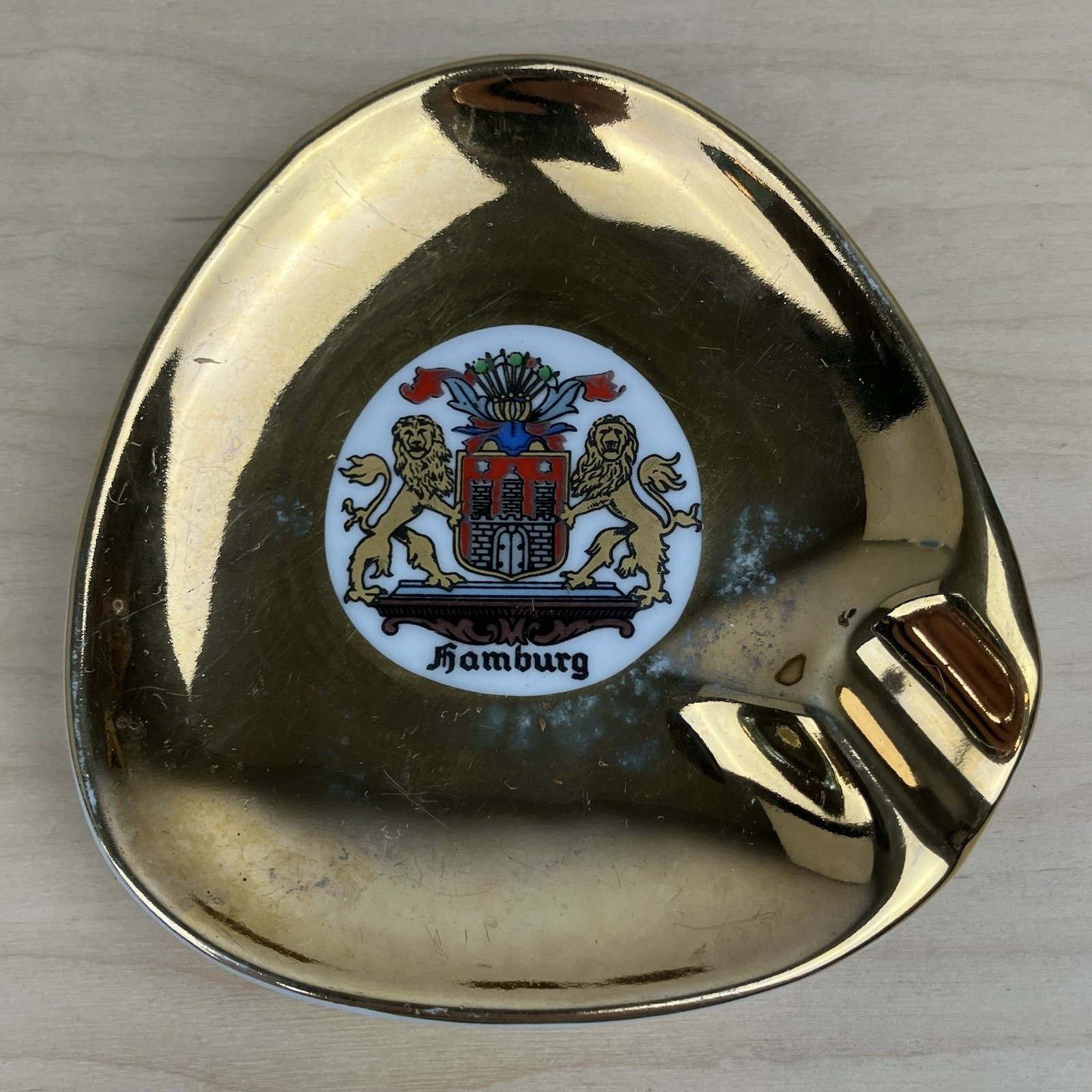 Vintage Hamburg Germany Ashtray Crest Logo Souvenir Gold White Bavaria