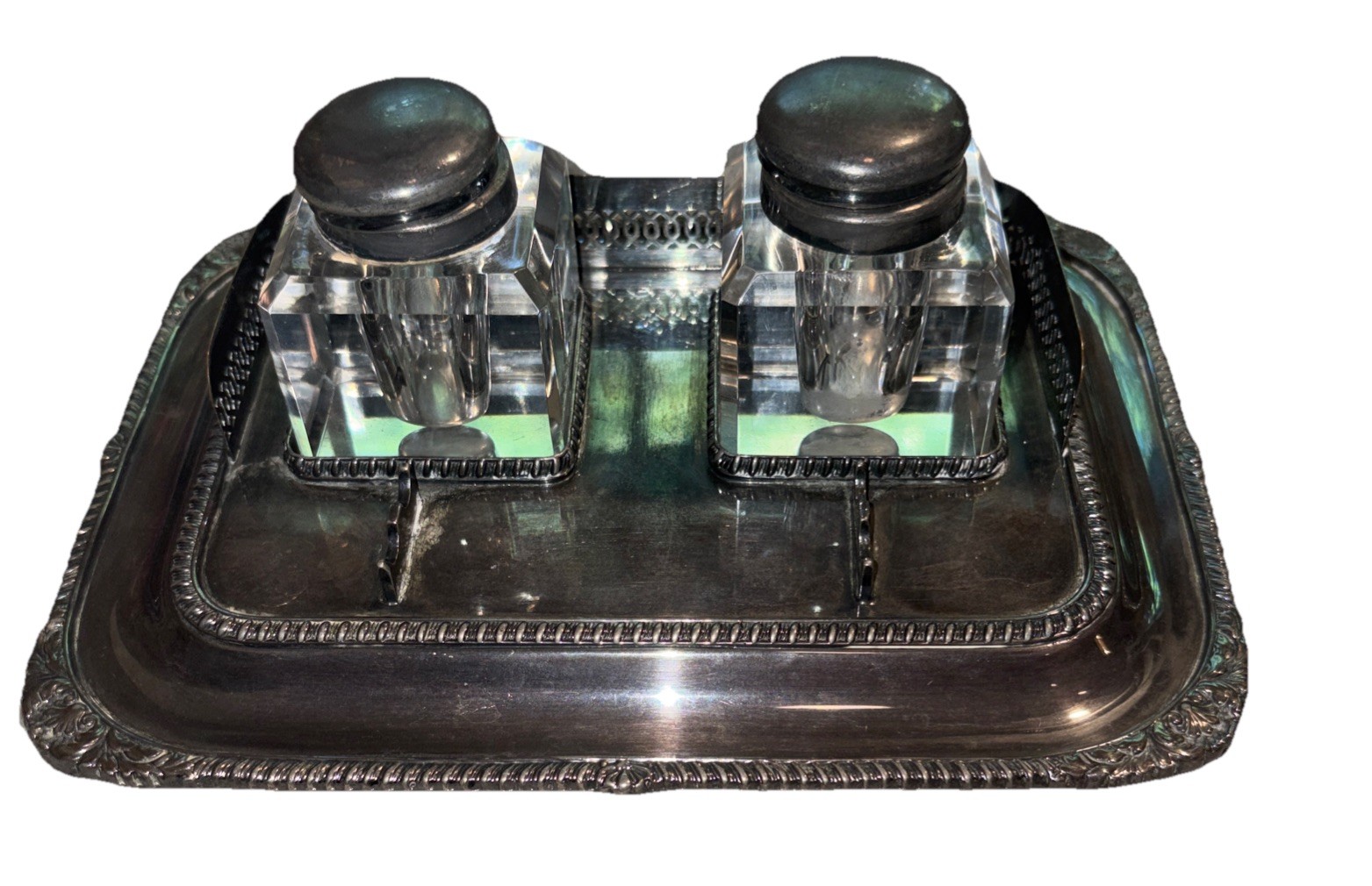 Antique E.G. Webster & Son Silverplate Double Inkwell Desk Set Broken